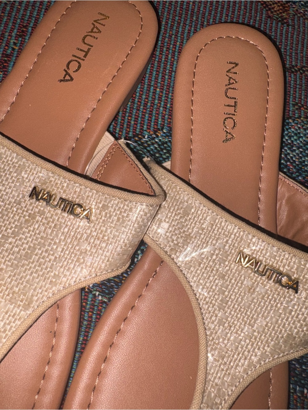 Nautica Women's Tan Woven Slide Sandals with Gold Logo